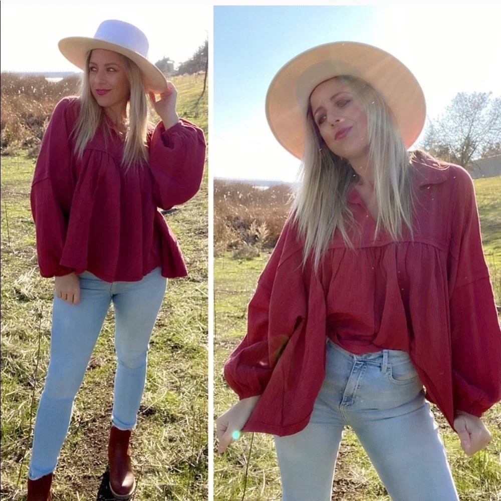 Ces Femme Burnt Orange Gauze Peasant Blouse - Picture 12 of 14